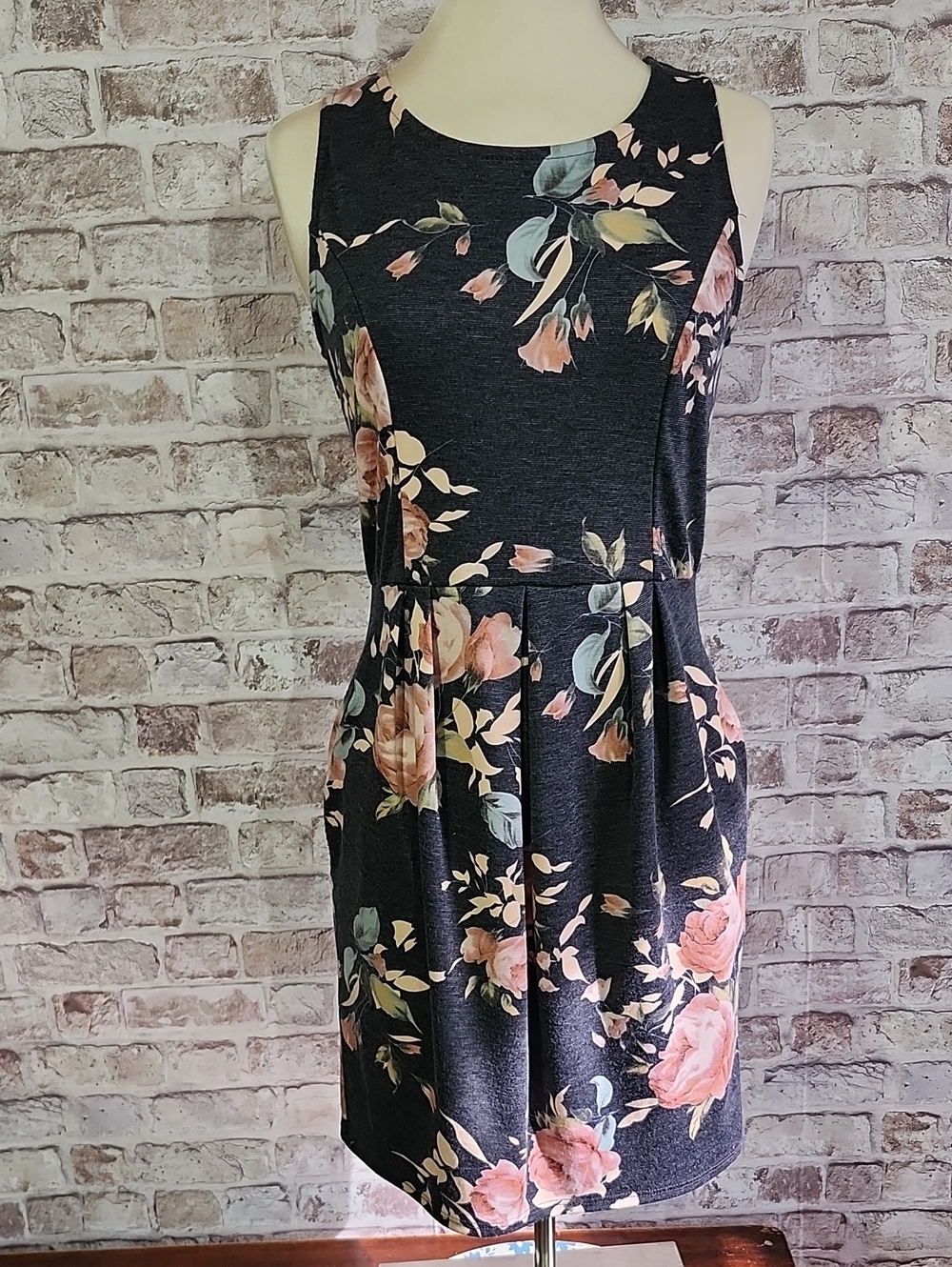 12 Pm By Mon Ami Black Sleeveless Midi Dress with Pink Floral Print
